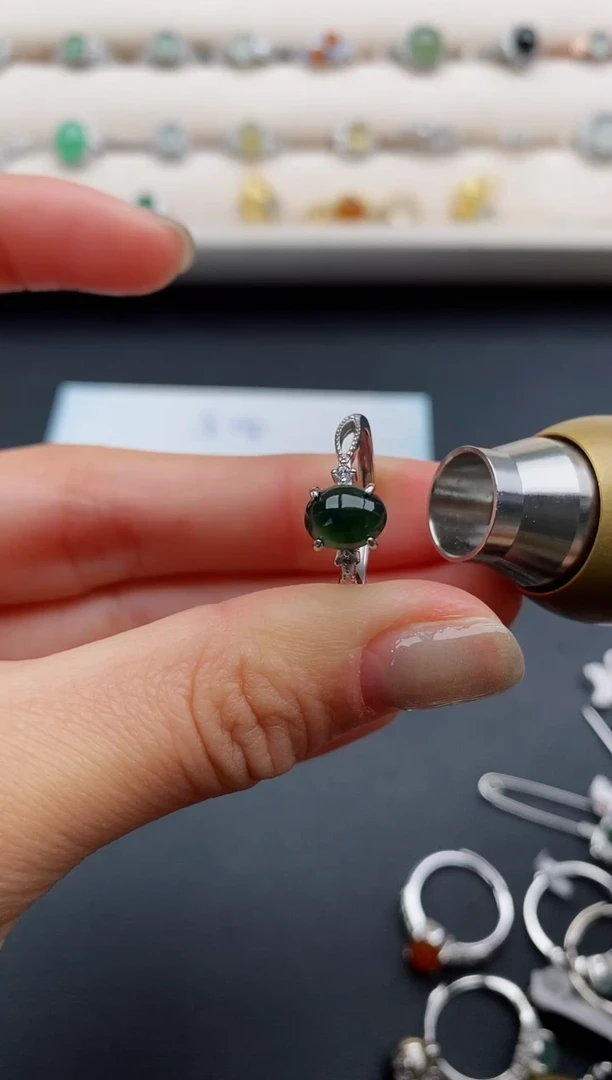 银S925镶嵌戒指翡翠缅甸天然A货翡翠11  7-7