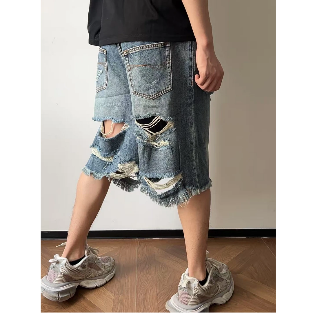 巴家 重工破坏做旧水洗毛边流苏短裤五分牛仔裤