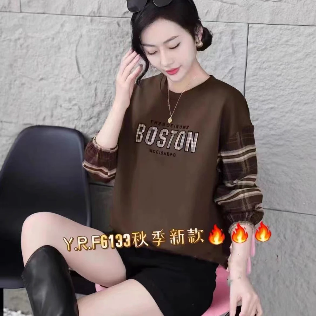 916衣长56格子圆领字母卫衣女春新款时尚宽松设计感复古休闲套头