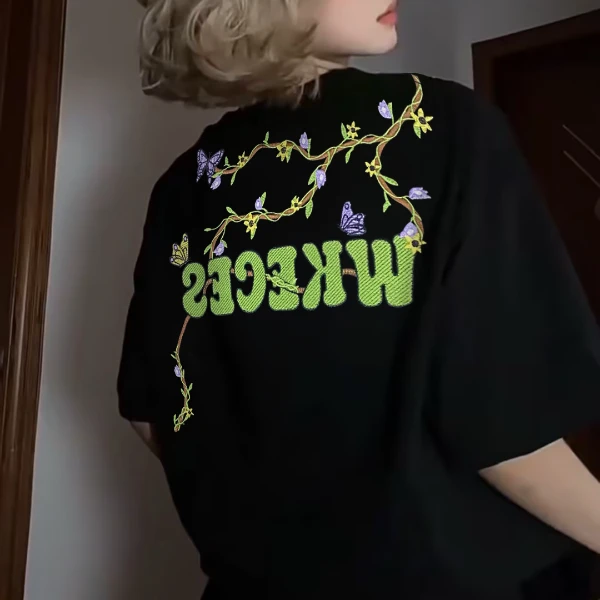 【帝韵】新款圆领早春穿搭国潮刺绣纯棉短袖T恤女宽松半袖情侣上衣