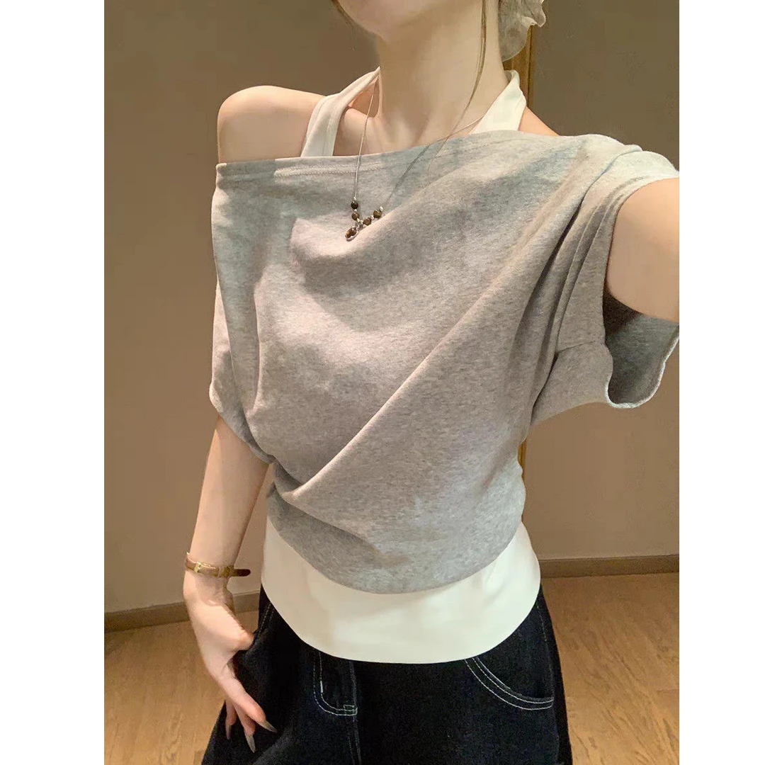 【UBKA】美式简约拼接挂脖假两件短袖T恤女夏季小清新收腰显瘦上衣