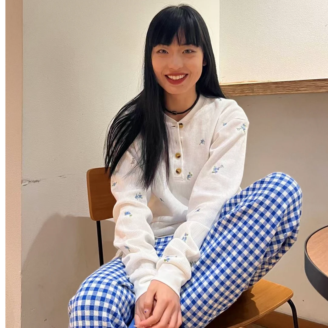 Bahati秋冬系列羊毛针织蓝色华夫格格子裤加厚宽松