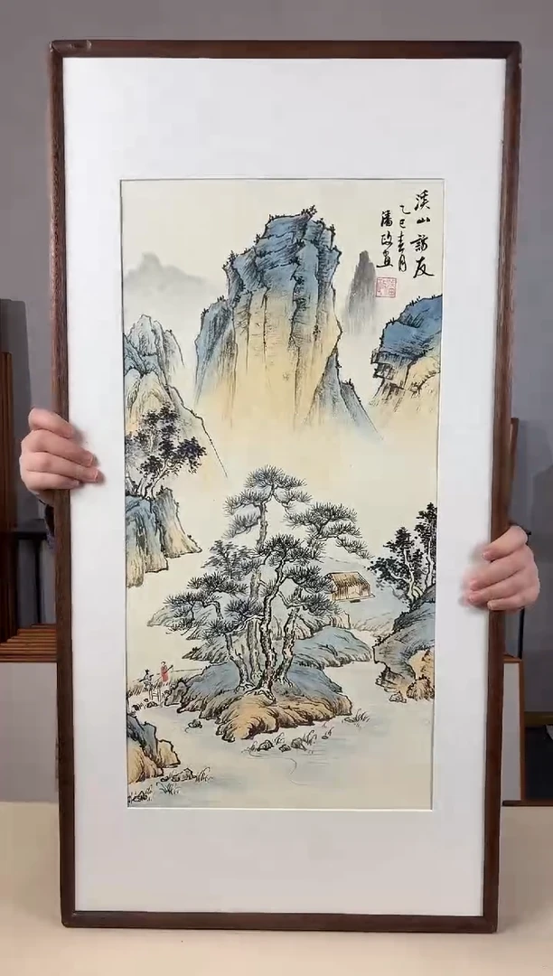 国画手绘*溪山访友*47*92cm*黑胡桃色木框