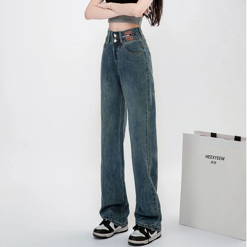 2025年夏季新款窄版高腰宽松显瘦小个子皮牌直筒裤子阔腿牛仔裤女