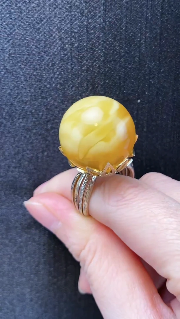 【闪购商品】琥珀裸石银S925镶嵌蜜蜡戒指