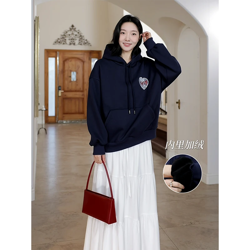 郭九九呢 棉刺绣爱心宽松显瘦连帽加绒卫衣蛋糕半身裙 G924Z21566