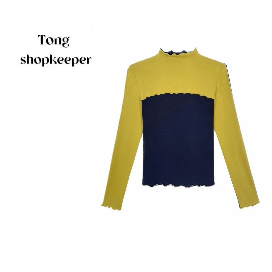 QJ/彤掌柜1683236 冬季26绵羊毛定制波边撞色拼接设计保暖上衣