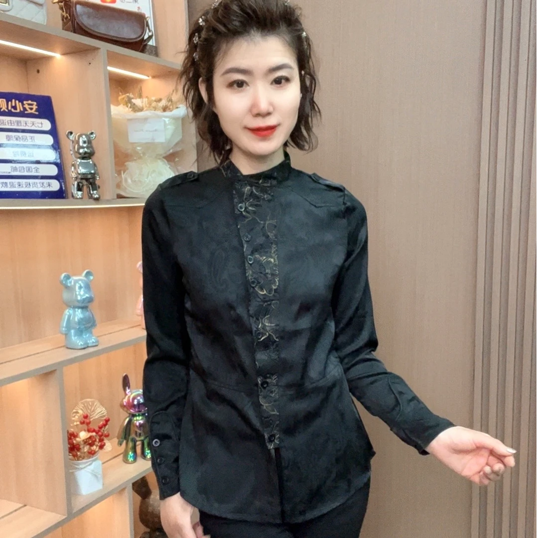 中国风提花斜纹纽扣长袖中式衬衫衬衣上衣网红女装复古气质中式