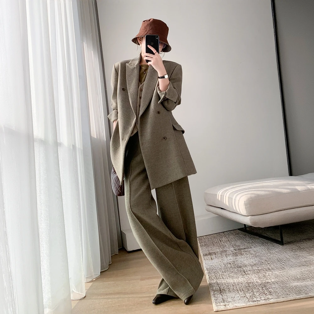 韩版休闲时尚毛呢套装女冬季新款修身显瘦西装外套阔腿裤两件套潮