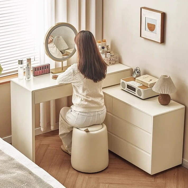 轻奢全实木梳妆台斗柜一体奶油风化妆桌白色转角化妆台