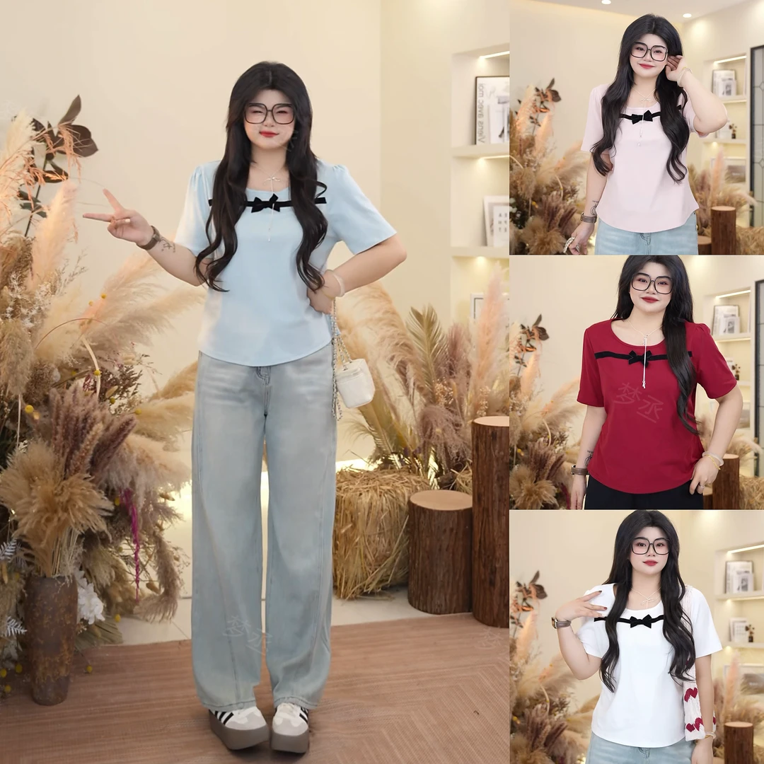 梦丞【温柔低语】大码女装蝴蝶结U领简约百搭温柔洋气显瘦短袖T恤
