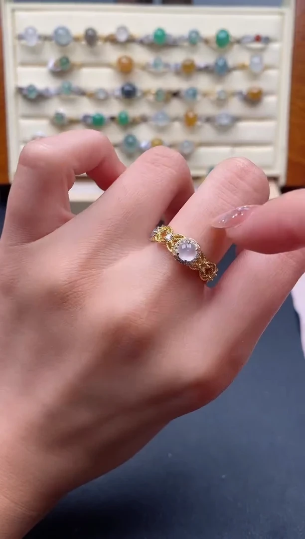 翡翠戒指银S925镶嵌天然A货翡翠6666666+6