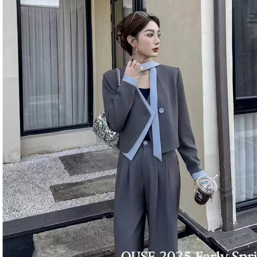 0530韩版灰色拼接西装套装女通勤风小个子阔腿裤两件套春季感西装