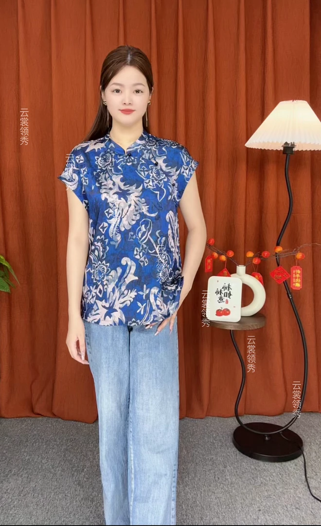 新中式国风复古飞袖衬衫水墨青花瓷2025夏季新款宽松气质显瘦上衣