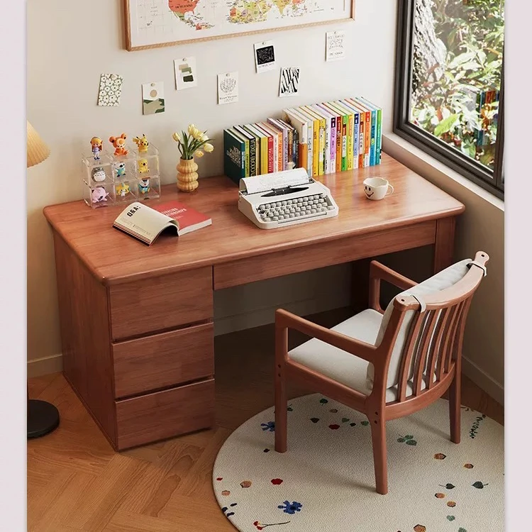 实木书桌书柜一体桌简约家用学生学习桌写字桌卧室办公电脑桌台式