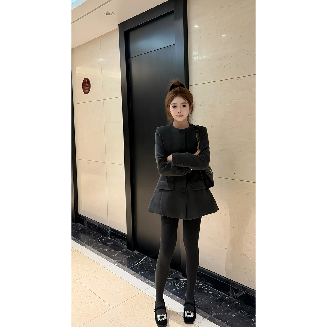 秋冬时尚气质小香风西装外套修身显瘦中长款夹棉上衣短裤两件套