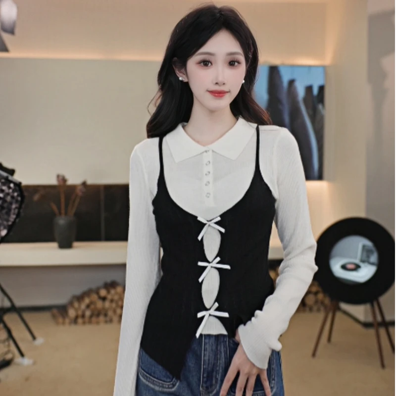 Basic House/百家好HY25春季设计感假两件针织衫拼接蝴蝶结上衣