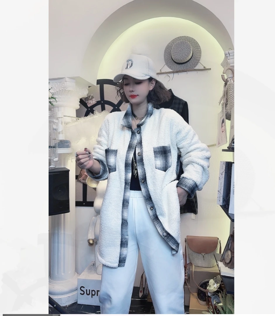 Q25 10914 女装格子衬衫拼接翻领宽松中长款外套