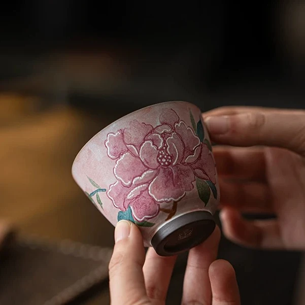 富贵牡丹-老岩泥-主人杯 中式复古家用陶瓷茶杯高档茶具喝茶大杯