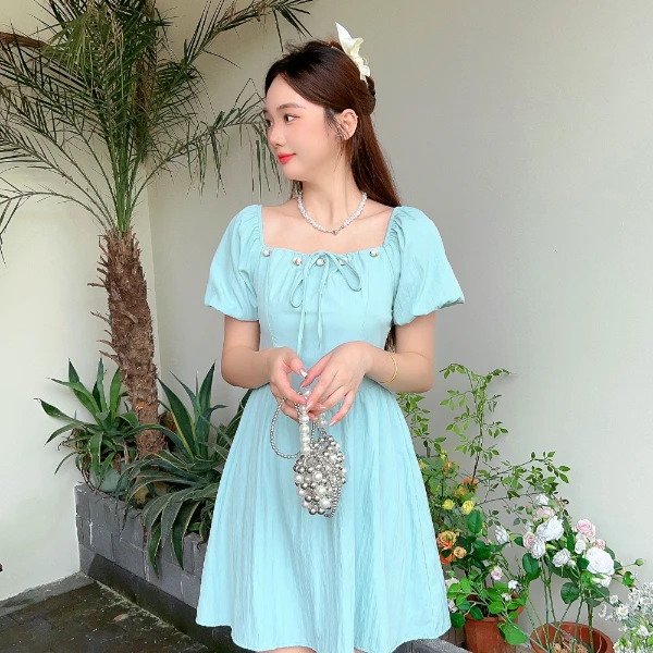 法式泡泡袖长裙夏季方领连衣裙时尚气质复古长款甜美旗袍小众