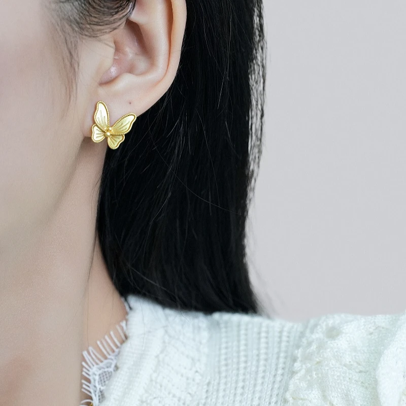 铜合金耳饰 925银针中古风耳环复古金色法蝴蝶秋冬金属巴恩风耳环