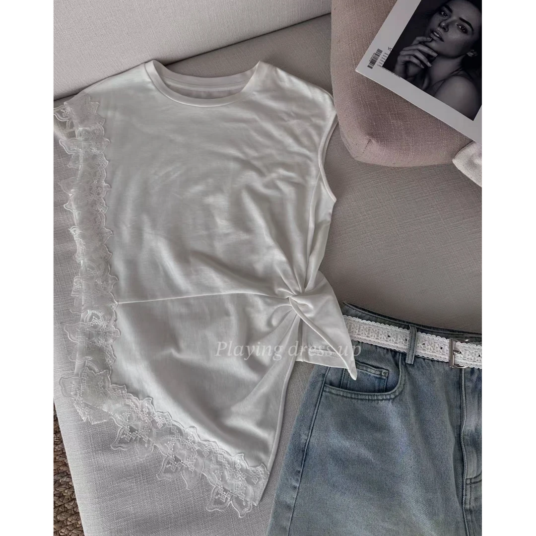 33972六色法式气质时尚蕾丝坎肩圆领无袖短袖上衣