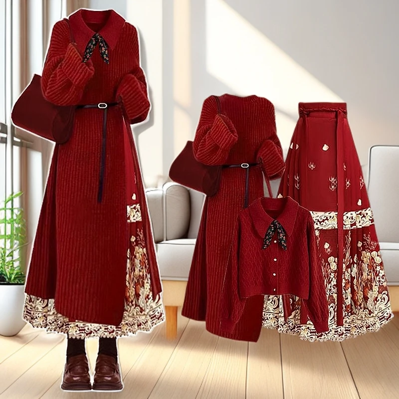 过年穿搭一整套女装2025新款圣诞氛围感长款毛衣国风马面裙三件套