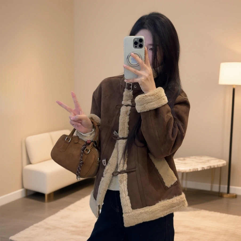 宿慕SUMU韩版时尚翻领外套2025冬季新款加绒加厚气质女装上衣9036