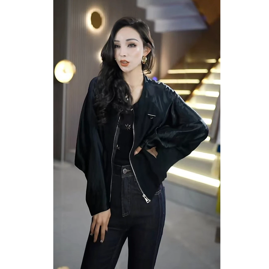 私定款春季时尚洋气休闲百搭显瘦蝙蝠袖黑色夹克上衣女外套ML6336