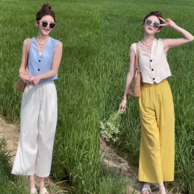 新款法式时髦高级感单排扣无袖上衣