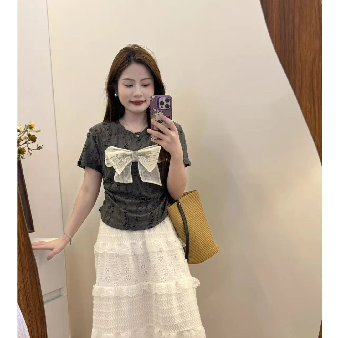 蝴蝶结短袖T恤上衣甜美复古小个子夏季显瘦法式减龄时尚设计感