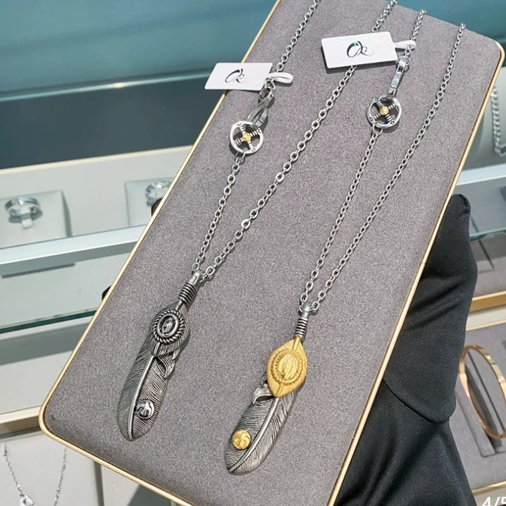复古银+金色     羽毛吊坠项链  N1409