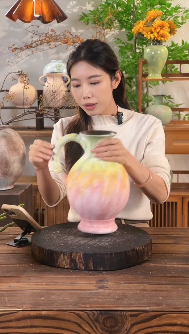 [粉橙黛绿-圆口大肚提壶】桌面落地陶瓷花瓶干花鲜花客厅插花摆件