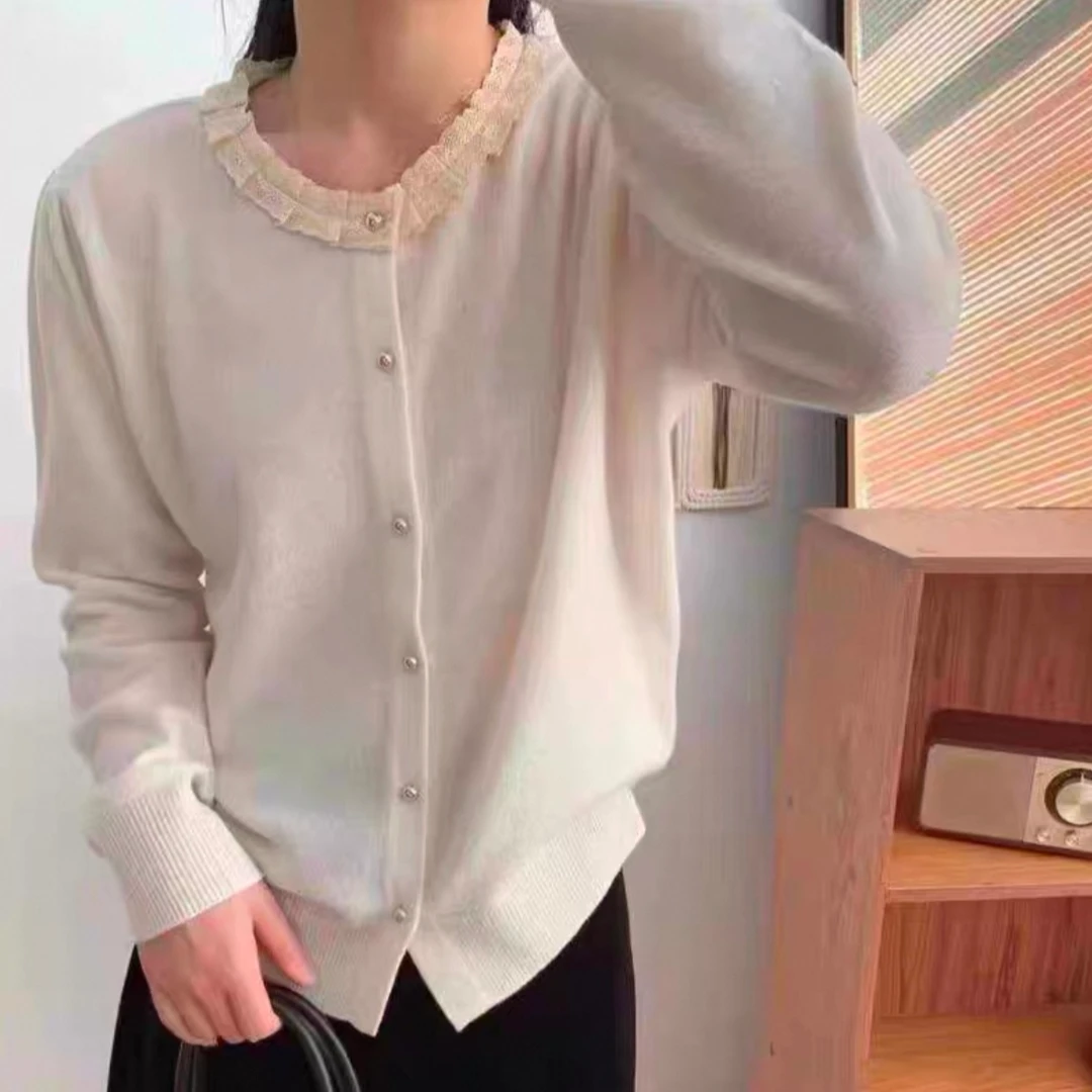 蕾丝边圆领针织开衫女宽松时尚洋气外搭女士毛衣小外套长袖毛衫