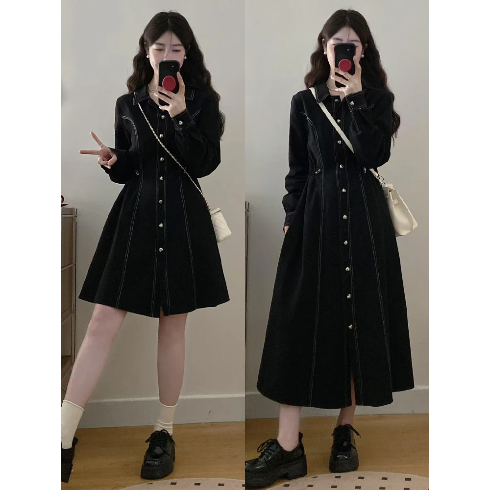 大码女装法式排扣收腰牛仔长袖连衣裙女春夏季新款胖mm显瘦小黑裙