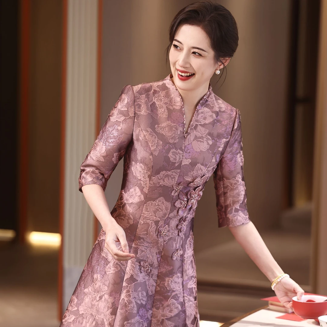 939 母亲婚礼服饰高贵婚庆旗袍裙薄款年轻显瘦喜婆婆喜妈妈礼服