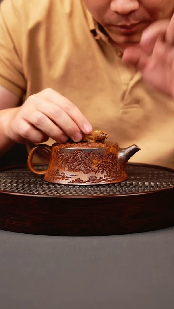 茶壶紫砂龙骨金砂 虎钮柱础 刻绘