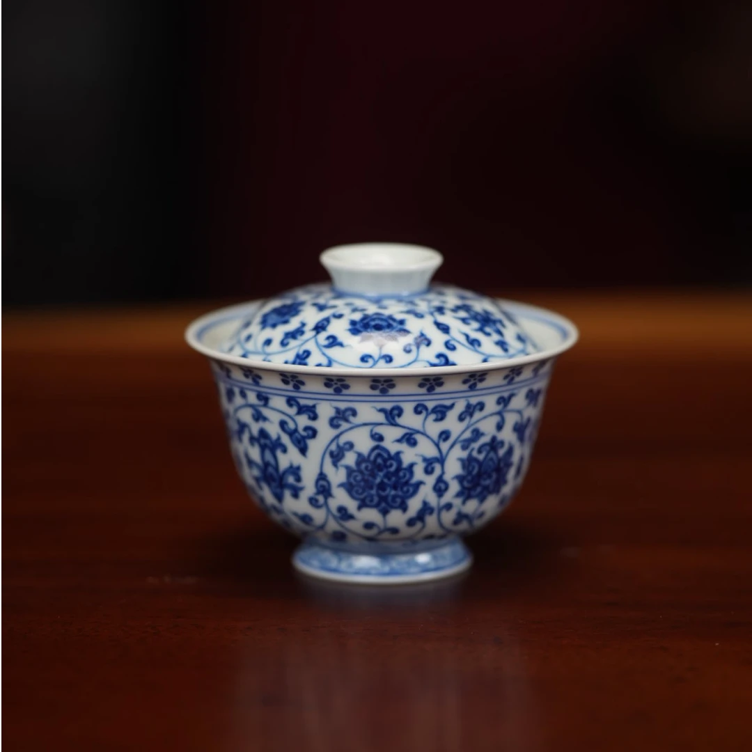 【文堇堂】青花系列 景德镇手工手绘 缠枝莲 盖碗 992