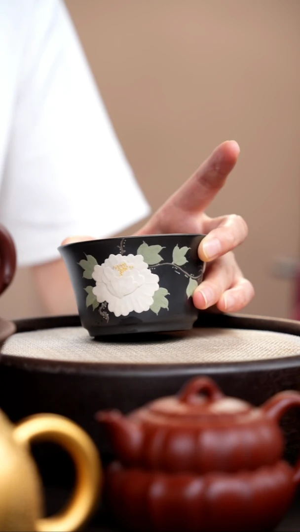 茶壶紫砂石黄白牡丹大口杯