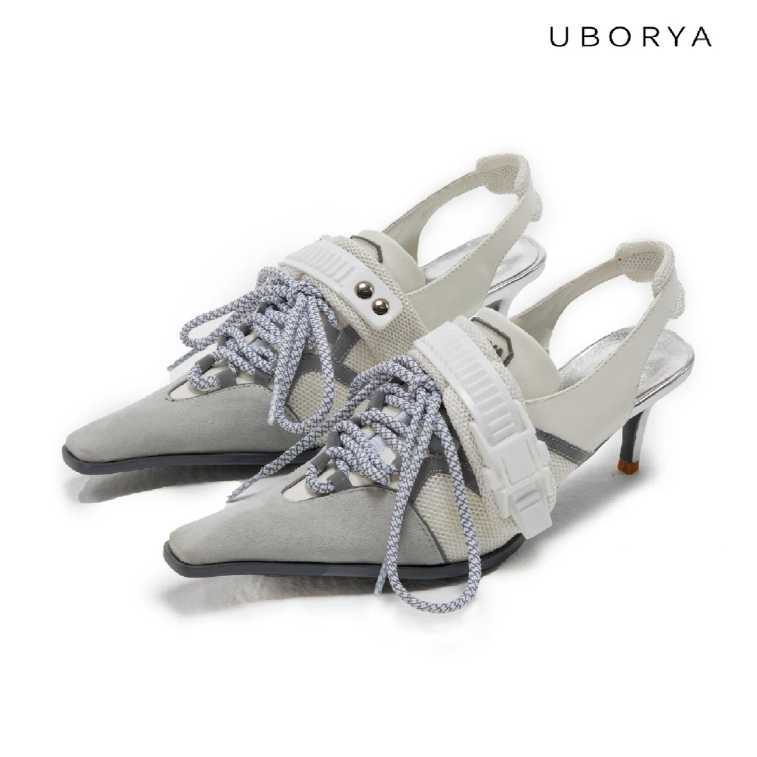 直播专属UBORYA小众女款运动银灰色帅气辣妹单鞋尖头高跟细跟