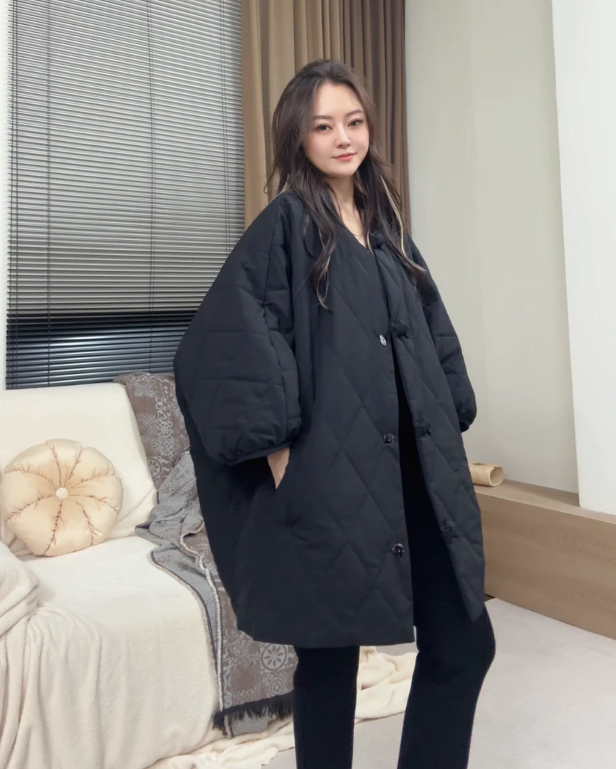 museguhui/木色古汇5601#蝴蝶结按扣纯色气质时尚圆领长袖棉服