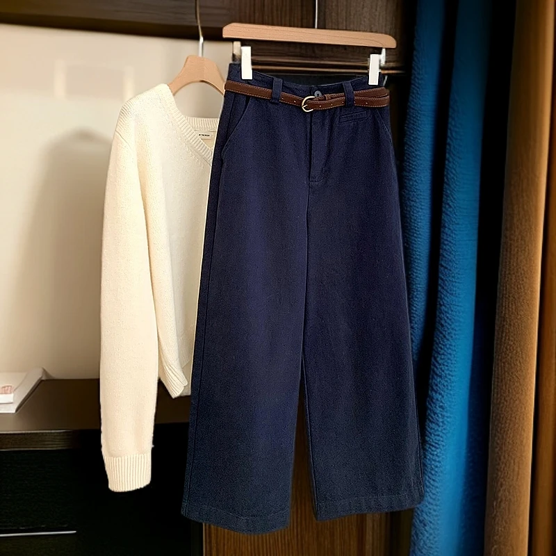 2025春季新款藏青色韩系休闲裤女小个子高腰宽松显瘦九分直筒裤