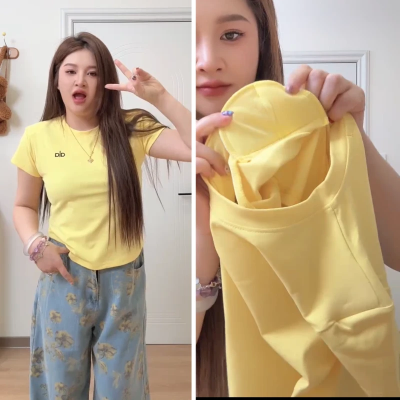 大码韩国东大门同款夏季圆领垫肩字母刺绣T恤正肩百搭显瘦上衣潮