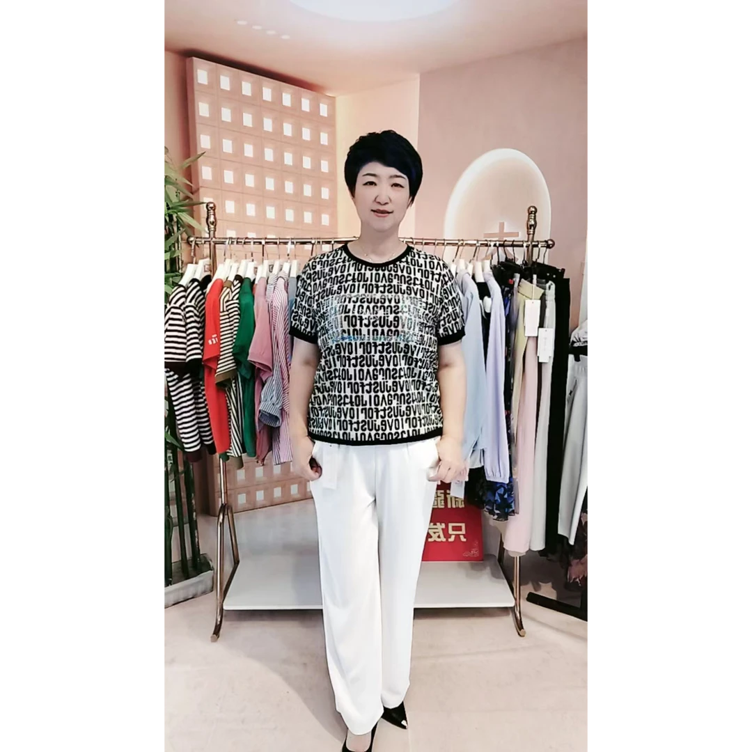 3658黑咖英文字母短袖T气质针织时尚休闲夏季印花圆领提花百搭