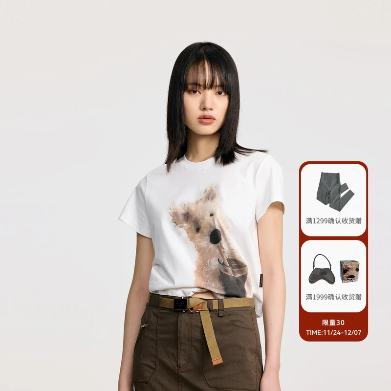 REVAN芮范设计师款萌趣咖啡狗印花针织T恤RL31001055