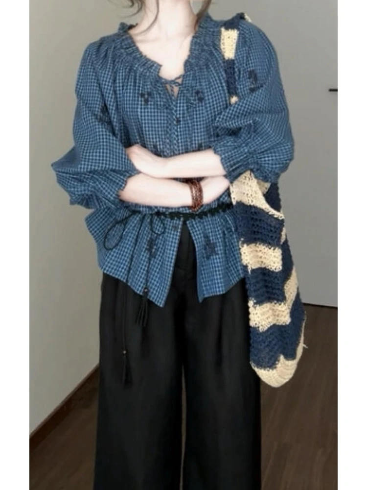 2025夏新款爆款高级感轻奢减龄洋气茶里茶气别致好看蓝色格子衬衫