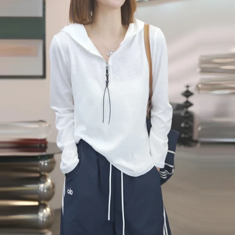 欧货半拉链连帽长袖t恤女2026春秋新款帽衫百搭休闲气质打底上衣