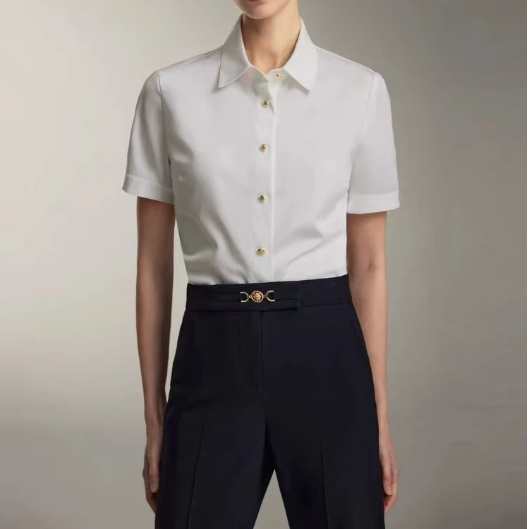 S家简约夏季女款职业白衬衫通勤短袖衬衫休闲正肩刺绣衬衫25新品