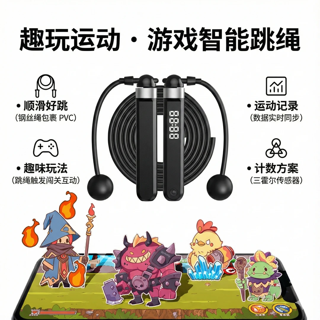【趣玩运动】蓝牙App长短绳体感游戏智能跳绳可充电计数跳绳钢丝绳
