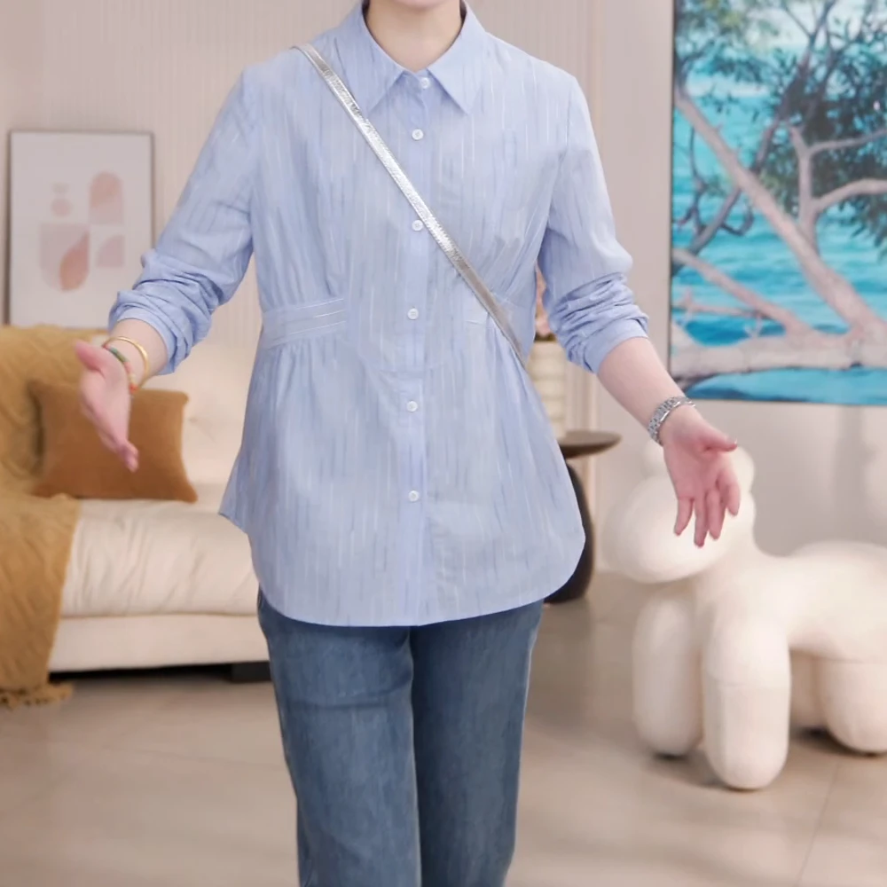 【寻梦】2025春新款女装简约洋气宽松百搭拼接翻领长袖衬衫上衣